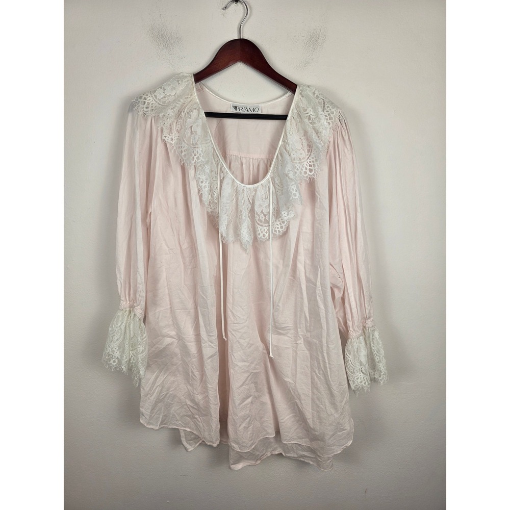 Priamo Pale Pink Cotton Lace Ruffle Collar Nightgown Sleep Shirt One Size